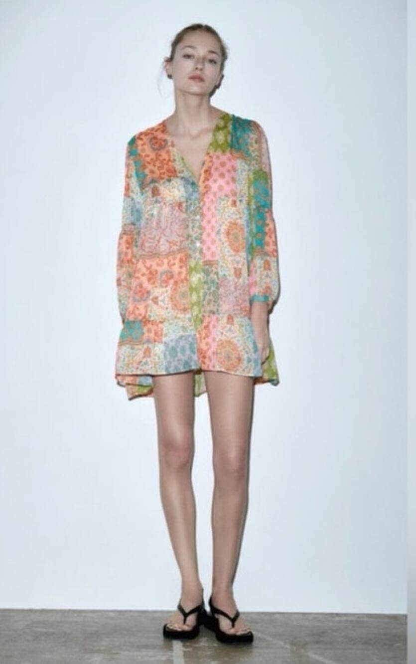 Zara Patchwork Boho Mini Dress V Neck Metallic Thread Button Front Size M